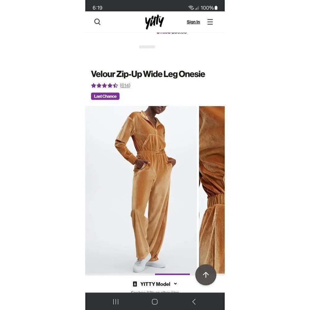 New Large Fabletics Light Honey Gold Velour Zip Up Wide Leg Jumpsuit One Piece